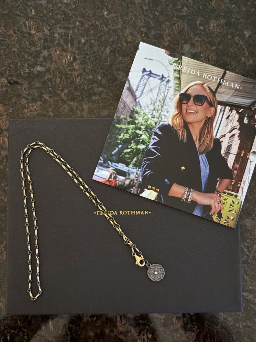 Freida Rothman Two Tone Chain Necklace with Round Pave Medallion